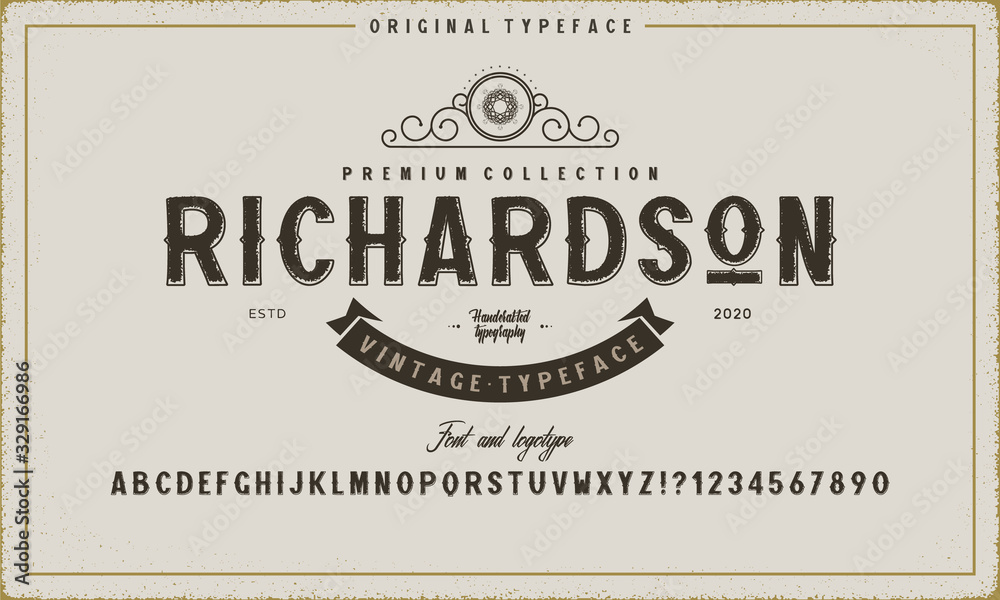 Fototapete retro alphabet font. serif type letters, numbers and symbols. on a dark distressed scratched backgro