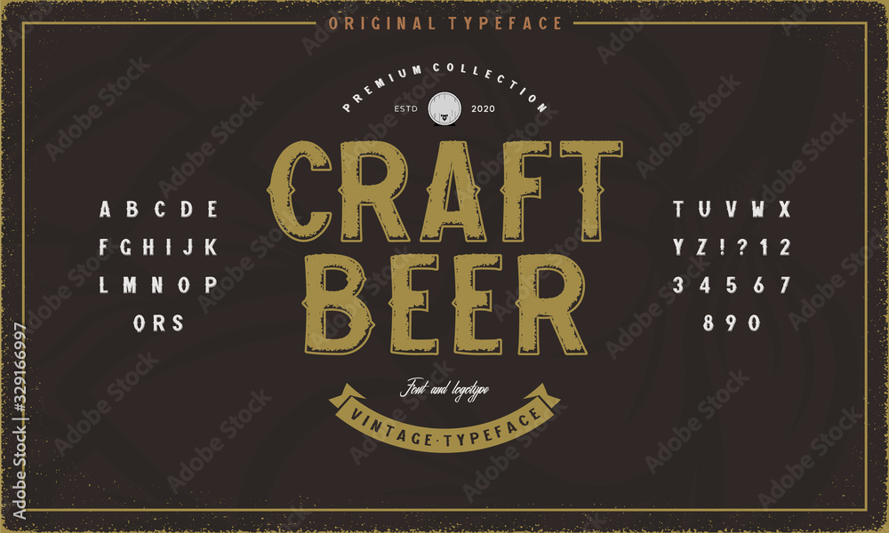 Fototapete sans serif font with texture. craft beer label template. vector font and alphabet.