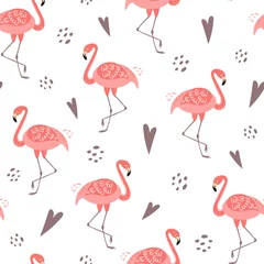 Fotobehang Flamingo Schattige roze flamingo naadloze patroon sjabloon. Roze flamingo voor meisjesfeest, girly ontwerp liefdeshart vector