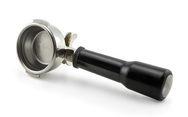 Empty porta filter roasted and ground coffee holder isolated on white background including clipping path.