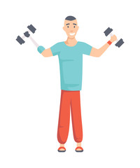 Athlete with Arm Prosthesis lifts dumbbells. Active Amputee Man Training. Disabled Character with Amputated Limb Rehabilitation, Recovery Exercise. Cartoon Flat Vector Illustration