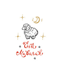 Fototapeta premium Eid Mubarak Handwritten Lettering with Hand Drawn Doodle Sheep. Greeting Card Template for Muslim Community Festival of Sacrifice Eid-Ul-Adha. Vector Illustration