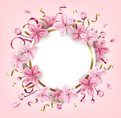 Fototapeta na wymiar Golden frame with pink cherry flowers.