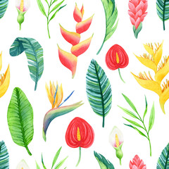 Watercolor seamless pattern of hand-drawn leaves and flowers from humid rainforest.