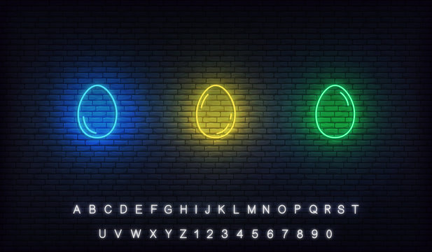 Easter neon eggs set. Glowing blue, yellow, green eggs icons with alphabet