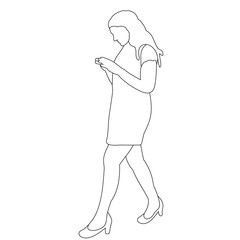 vector, isolated, contour, sketch girl, woman with phone