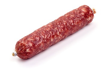 Italian sausage. Tasty dried sausage, isolated on white background