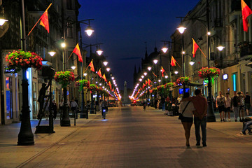 Central street of Lodz Piotrkowska in evening