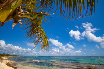 Strand in der Karibik mit blauem bewölktem Himmel