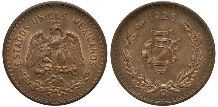 Mexico Mexican coin 5 five centavos 1925, eagle on cactus with snake in beak, denomination within wreath, date above,