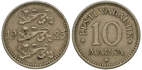 Fototapeta Estonia Estonian coin 10 ten marka 1925, three lions left divide date, country name and denomination, obraz