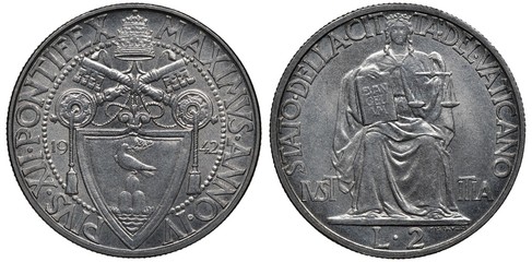 Vatican City coin 2 two lire 1942, ruler Pope Pius XII, crossed keys above shield with dove, tiara on top, sitting Justice holding book and scales, denomination below,  © Yaroslav