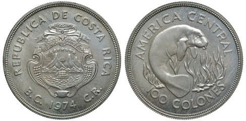 Costa-Rica Costa-Rican coin 100 colones 1974, shield with sailing ship in front of mountains, date...