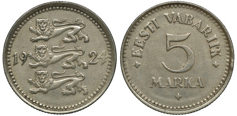 Estonia Estonian coin 5 five marka 1924, three lions left divide date, country name and denomination,