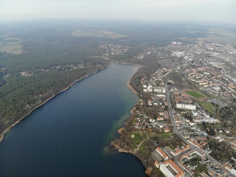 Aerial view of Strausberg town with Straussee