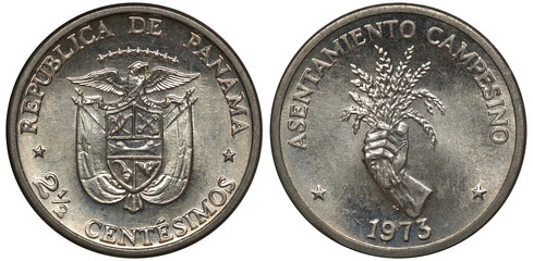 Panama Panamanian coin 2-1/2 two and a half centesimos 1973, shield with designs in front of...