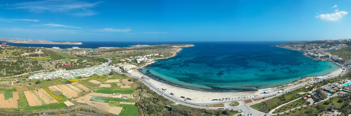 Aerial view of the famous Mellieha Bay  in Malta island