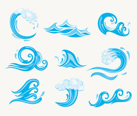 Set of sea waves. Ocean tidal or storm wave isolated on white background. Template design for surfing and seascape, vector illustration. Surge, ripple, wavelet in nature. Vector illustration.