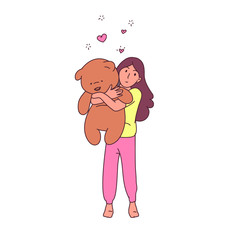 A girl and her favorite Teddy bear, a cartoon isolated EPS vector image.