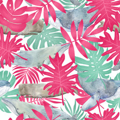 Summer exotic floral tropical palm leaves and watercolor whales. Seamless pattern. Plant flower nature wallpaper.