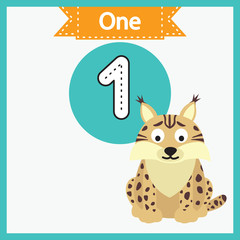 Baby learning cards with animals. Learning to count and to write numbers. Handwriting practice sheet. Educational game for children. Number 1 with lynx