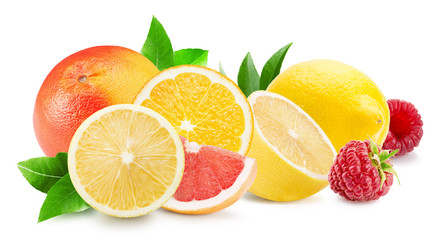 Fototapeta na wymiar citrus mix with raspberries isolated on a white background