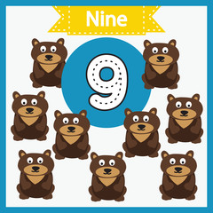 Obraz premium Baby learning cards with numbers and animals. Learning to count and to write numbers. Handwriting practice sheet. Educational game for children. Number 9 with