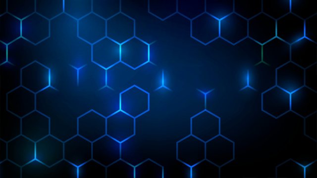 Abstract technology dark background with blue luminous hexagons
