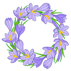 Vector frame with blue crocus flowers on a white background