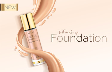 Foundation makeup, advertising design template for catalog with concealer, BB cream packaging tube mock up with liquid foundation in the background vector illustration.