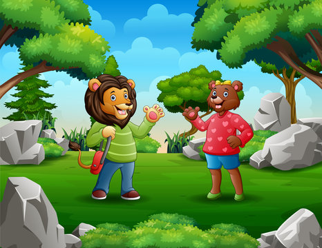 Cartoon lady bear meeting with a lion man in the park