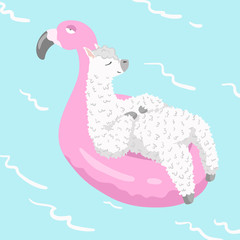 cute cartoon lama alpaca in flamingo swimming ring Vector Illustration. unique design for cards, posters, t-shirts, invitations
