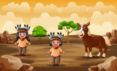 An indian couple with horse in the dry land