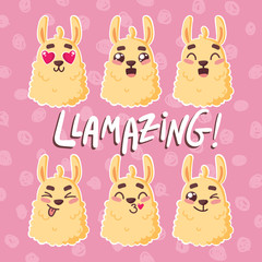 cute cartoon lama alpaca kawaii emoji set with unique hand drawn lettering quote-llamazing-on pink backgroung with sprinkles.Vector Illustration.unique design for cards, posters, t-shirts, invitations