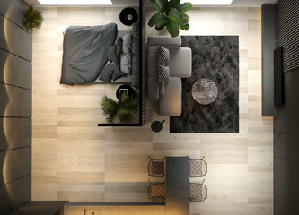 Top view Black minimalist Interior of modern living room 3D rendering