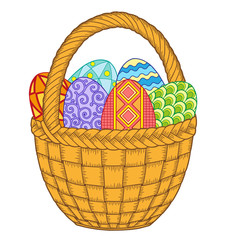 Happy Easter. Bright easter eggs and flowers in basket on white background