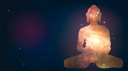 Buddha silhouette in space with galaxy pattern, meditation and trance