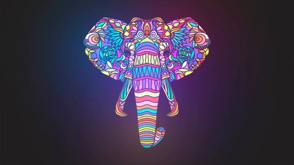 Mosaic glowing colorful elephant head on a black background