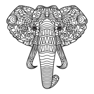Black and white lacy head of an elephant on a white background
