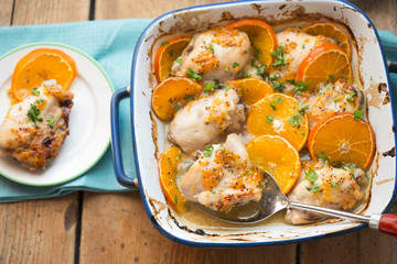 Chicken in marinade, fruity chicken with clementines. 