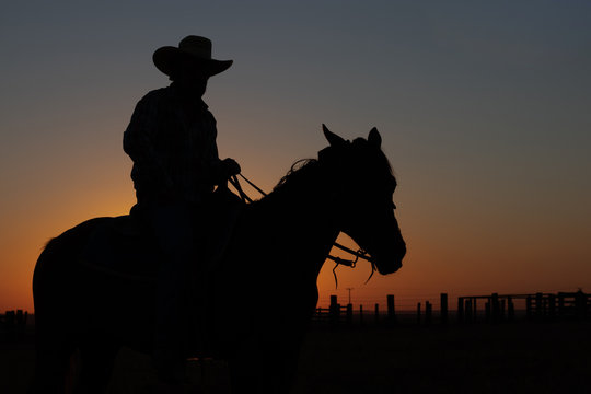 Homem fazendeiro montado no cavalo, por do sol, silhueta.