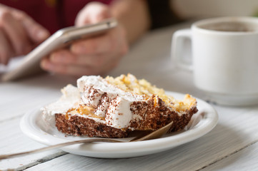 Tiramisu dessert and female hands with smartphone and cup of coffee