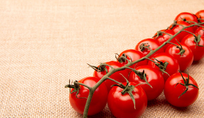 Ripe cherry tomatoes, on burlap with copy space