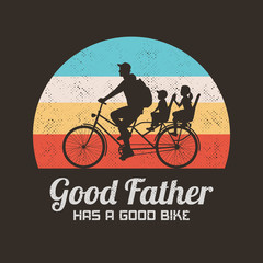 Father with children on bicycle. Retro illustration with silhouette of family riding bike on hill. Vector background for prints, t-shirts