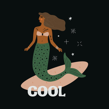 Surf girl vintage mermaid concept. Vector illustration, clip art image, cartoon flat design