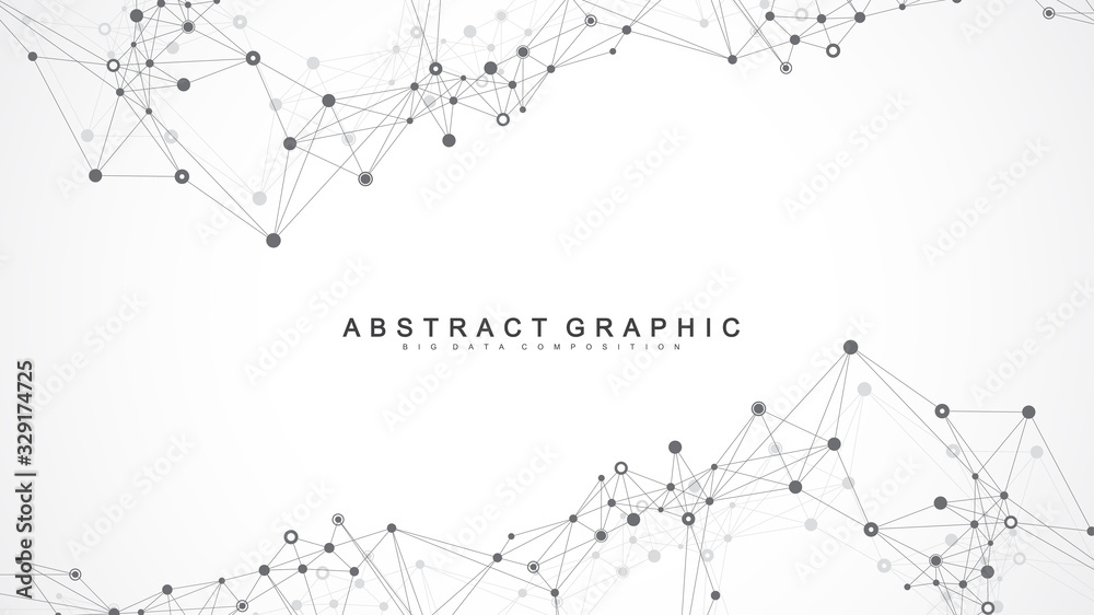 Poster Geometric abstract background with connected line and dots. Network and connection background for your presentation. Graphic polygonal background. Wave flow. Scientific vector illustration.