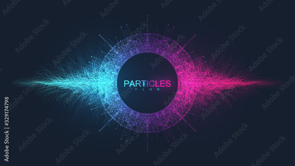Fototapete Abstract dynamic motion lines and dots background with colorful particles. Digital streaming background, wave flow. Plexus stream background. Big Data technology, vector illustration