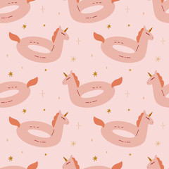 Flat Cute Unicorn Pool Float Unicorn Ring Summer Seamless Pattern Vector Illustration in Modern Collage Artistic Trendy Style