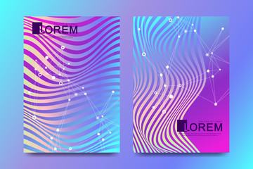 Modern template design for a cover, posters, report, brochure, flyer, leaflets. 3D lines optical illusion covers with glitched forms and geometric shapes. Futuristic science and technology design.