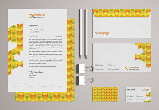 Stationery Set Layout with Colorful Pattern Elements